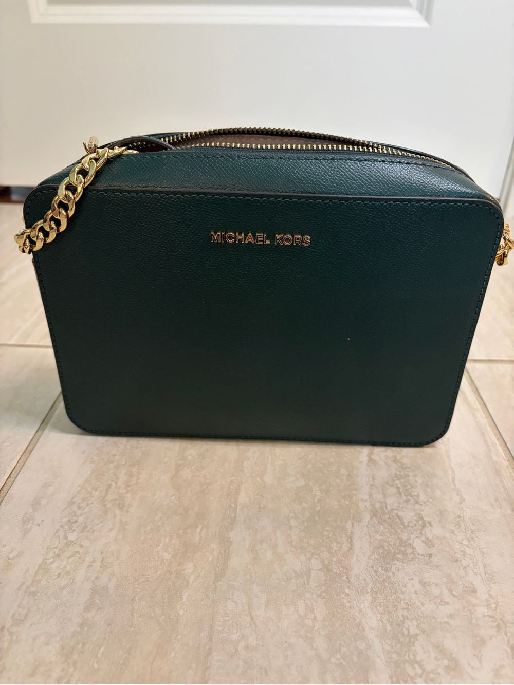 Michael Kors Forest Green Saffiano Crossbody with Gold Chain